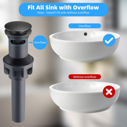 2 Pack Push and Seal Pop Up Drain Stopper with Overflow for Bathroom Sink Faucet Vessel Vanity, Matte Black.