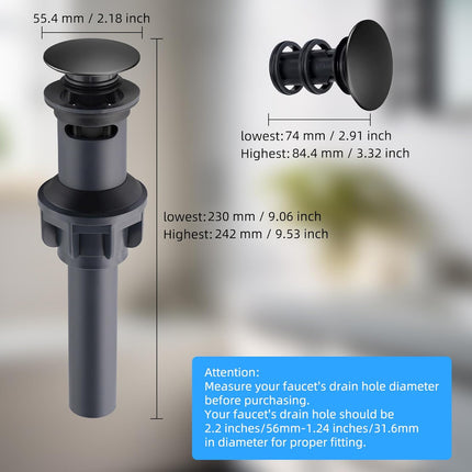 2 Pack Push and Seal Pop Up Drain Stopper with Overflow for Bathroom Sink Faucet Vessel Vanity, Matte Black.