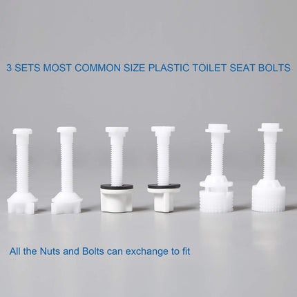 Universal Toilet Seat Hinge Bolt Screw for Top Mount Toilet Seat Hinges, Downlock Nuts can Slip Over Bolts Threads for Rapid Installation Without Screwing in-White Plastic Replacement Parts.