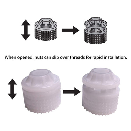 Universal Toilet Seat Hinge Bolt Screw for Top Mount Toilet Seat Hinges, Downlock Nuts can Slip Over Bolts Threads for Rapid Installation Without Screwing in-White Plastic Replacement Parts.