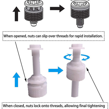 Universal Toilet Seat Hinge Bolt Screw for Top Mount Toilet Seat Hinges, Downlock Nuts can Slip Over Bolts Threads for Rapid Installation Without Screwing in-White Plastic Replacement Parts.