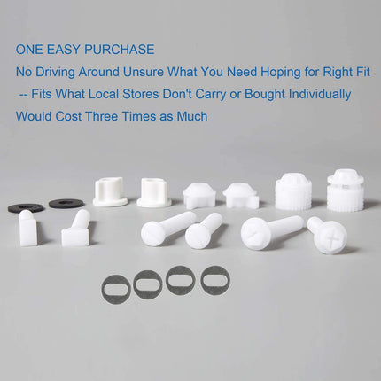 Universal Toilet Seat Hinge Bolt Screw for Top Mount Toilet Seat Hinges, Downlock Nuts can Slip Over Bolts Threads for Rapid Installation Without Screwing in-White Plastic Replacement Parts.