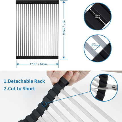 Roll Up Dish Drying Rack, Extra Large Dish Rack Over The Sink, Multipurpose Stainless Steel Rollup Sink Matt for Dishes, Portable Kitchen Accessories Dish Drainer, Foldable (20.5''x17.5'').