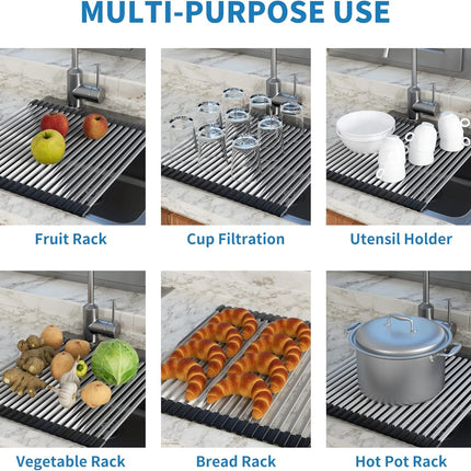 Roll Up Dish Drying Rack, Extra Large Dish Rack Over The Sink, Multipurpose Stainless Steel Rollup Sink Matt for Dishes, Portable Kitchen Accessories Dish Drainer, Foldable (20.5''x17.5'').