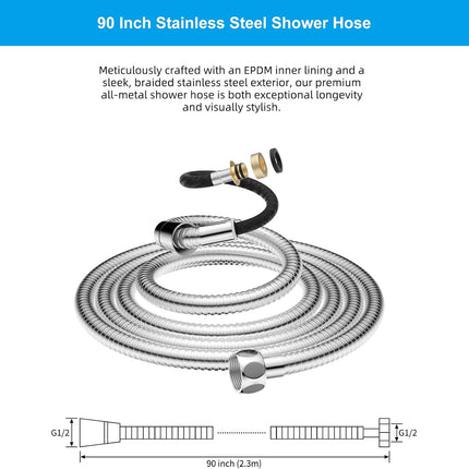 All Metal Shower Hose 90 inch (7.5 ft) Bathroom Handheld Shower Head Hose 2.3 Meters Extension Replacement Part with Brass Fittings Made of Stainless Steel -Polished Chrome Finish.