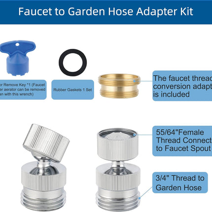 Garden Hose Adapter Kit - Sink Swivel Faucet Aerator to Connect Hose, Multi-Thread With Cache Aerator Key for Male and Female Connections, Chrome Finish.