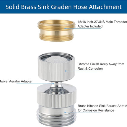 Garden Hose Adapter Kit - Sink Swivel Faucet Aerator to Connect Hose, Multi-Thread With Cache Aerator Key for Male and Female Connections, Chrome Finish.