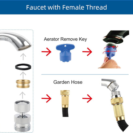 Garden Hose Adapter Kit - Sink Swivel Faucet Aerator to Connect Hose, Multi-Thread With Cache Aerator Key for Male and Female Connections, Chrome Finish.