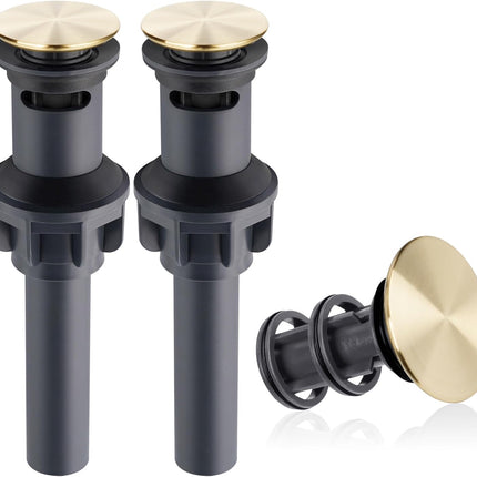 2 Pack Push and Seal Pop-up Drain Stopper with Overflow Assembly for Bathroom Lavatory Vanity Vessel Sink Drain,Brushed Gold.