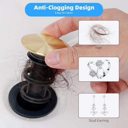 2 Pack Push and Seal Pop-up Drain Stopper with Overflow Assembly for Bathroom Lavatory Vanity Vessel Sink Drain,Brushed Gold.