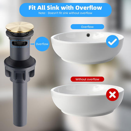 2 Pack Push and Seal Pop-up Drain Stopper with Overflow Assembly for Bathroom Lavatory Vanity Vessel Sink Drain,Brushed Gold.