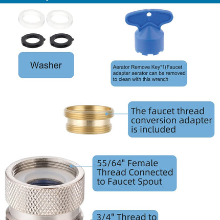 Faucet to Garden Hose Adapter Kit, Female to Male Sink Brass Garden Hose Attachment with Washer & Aerator Key, Brushed Nickel.