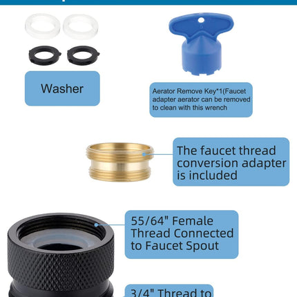 Faucet to Garden Hose Adapter Kit, Female to Male Sink Brass Garden Hose Attachment with Washer & Aerator Key, Matte Black.