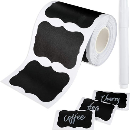 Cerolopy 150Pcs Waterproof Chalkboard Labels, Reusable Blackboard Stickers for Kitchen Organize with 1 White Chalk Pen,Removable Label Sticker on a Roll for Jars, Scrapbooking(Lace Shape).