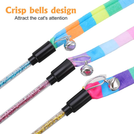 3 Pack Cat Wand Toy, Interactive Cat Rainbow Wand Toys, Interactive Cat Teaser Wand String, Rainbow Cat Teaser Wand String Plush Toy with Bell for Kitten Cat Exerciser Playing.