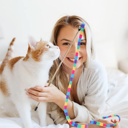 3 Pack Cat Wand Toy, Interactive Cat Rainbow Wand Toys, Interactive Cat Teaser Wand String, Rainbow Cat Teaser Wand String Plush Toy with Bell for Kitten Cat Exerciser Playing.