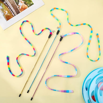 3 Pack Cat Wand Toy, Interactive Cat Rainbow Wand Toys, Interactive Cat Teaser Wand String, Rainbow Cat Teaser Wand String Plush Toy with Bell for Kitten Cat Exerciser Playing.
