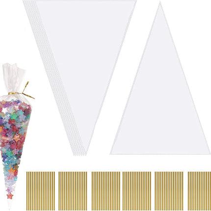 200 Pcs Clear Cone Bags Triangle Goody Bags Plastic Bags with Twist Ties Clear Cello Cellophane Bags Transparent Party Treat Sweets Bags for Baking Candy Wrapping.
