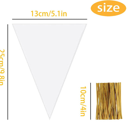 200 Pcs Clear Cone Bags Triangle Goody Bags Plastic Bags with Twist Ties Clear Cello Cellophane Bags Transparent Party Treat Sweets Bags for Baking Candy Wrapping.