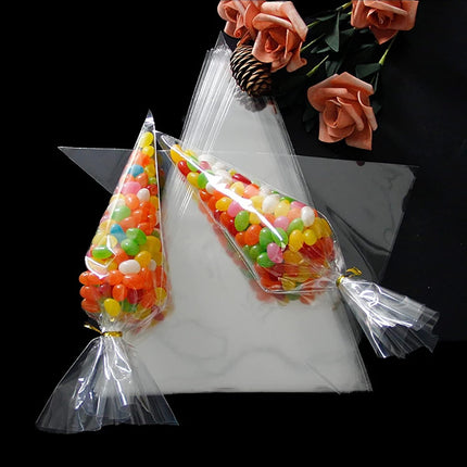 200 Pcs Clear Cone Bags Triangle Goody Bags Plastic Bags with Twist Ties Clear Cello Cellophane Bags Transparent Party Treat Sweets Bags for Baking Candy Wrapping.