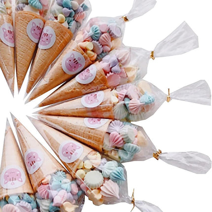 200 Pcs Clear Cone Bags Triangle Goody Bags Plastic Bags with Twist Ties Clear Cello Cellophane Bags Transparent Party Treat Sweets Bags for Baking Candy Wrapping.