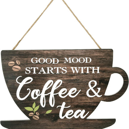 Wooden Coffee Sign Good Moon Starts with Coffee & Tea Hanging Plaque Coffee Sign Farmhouse Decorative for Kitchen Bar Decor Coffee Lover.
