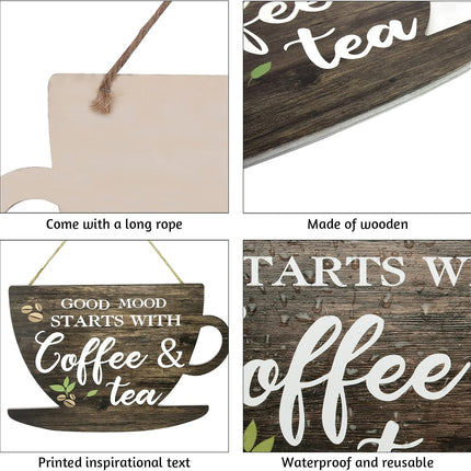 Wooden Coffee Sign Good Moon Starts with Coffee & Tea Hanging Plaque Coffee Sign Farmhouse Decorative for Kitchen Bar Decor Coffee Lover.