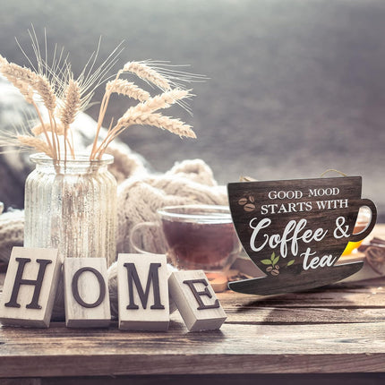 Wooden Coffee Sign Good Moon Starts with Coffee & Tea Hanging Plaque Coffee Sign Farmhouse Decorative for Kitchen Bar Decor Coffee Lover.