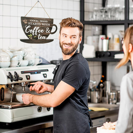 Wooden Coffee Sign Good Moon Starts with Coffee & Tea Hanging Plaque Coffee Sign Farmhouse Decorative for Kitchen Bar Decor Coffee Lover.