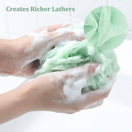 Store Bath Sponges Shower Loofahs Large Mesh Balls Sponge 4 Colors for Body Wash Bathroom Men Women - Pack of 4 Scrubber Cleaning Loofah Bathing Accessories (50g).