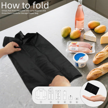 Store Grocery Bags 2 Pack Large Foldable Shopping Bag Folding into Attached Elastic Bands 44x40cm Reusable Washable.