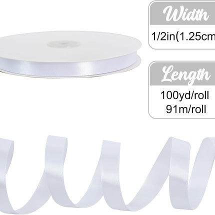 1/2 Inch x 100yds White Satin Ribbon Thin Solid Fabric Ribbons for Invitation Gift Wrapping, Bows Craft Making, Floral Bouquets, Valentine's Day Wedding Party Decoration.