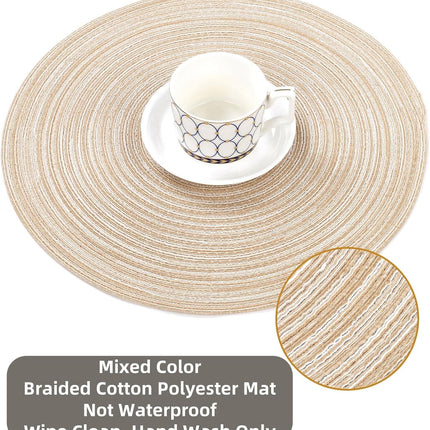 Round Braided Placemats Set of 6 Washable Round Placemats for Kitchen Table 15 inch Round Table Mats (Beige, 6).