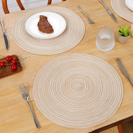 Round Braided Placemats Set of 6 Washable Round Placemats for Kitchen Table 15 inch Round Table Mats (Beige, 6).