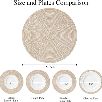 Round Braided Placemats Set of 6 Washable Round Placemats for Kitchen Table 15 inch Round Table Mats (Beige, 6).