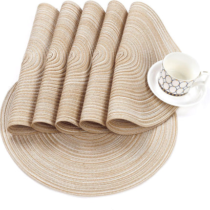 Round Braided Placemats Set of 6 Washable Round Placemats for Kitchen Table 15 inch Round Table Mats (Beige, 6).