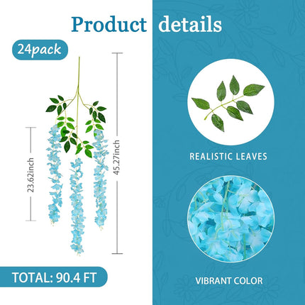 24 Pack Lake Blue Wisteria Hanging Flowers Garland, 3.77 Feet Lake Blue Artificial Wisteria Flower Vines, Fake Lake Blue Wisteria, Lake Blue Flower Vines for Backdrop, Hanging Flower Garland Decor.