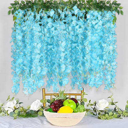 24 Pack Lake Blue Wisteria Hanging Flowers Garland, 3.77 Feet Lake Blue Artificial Wisteria Flower Vines, Fake Lake Blue Wisteria, Lake Blue Flower Vines for Backdrop, Hanging Flower Garland Decor.