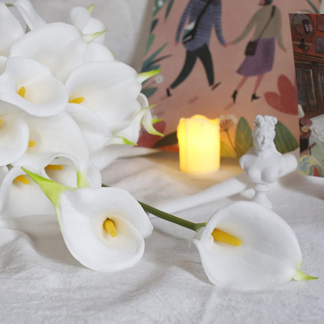 20Pcs Artificial Calla Lily Flower Real Touch Latex Flowers for DIY Wedding Bouquet Party Home Decor (White-Yellow Core).