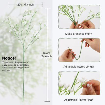 10Pcs Artificial Baby Breath Flowers White with Long Stem, Real Touch Silk Gypsophila Bouquets Bulk for Wedding, DIY Floral Arrangements, Home & Office Decor, Party Centerpieces, White.