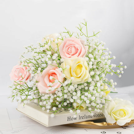 10Pcs Artificial Baby Breath Flowers White with Long Stem, Real Touch Silk Gypsophila Bouquets Bulk for Wedding, DIY Floral Arrangements, Home & Office Decor, Party Centerpieces, White.