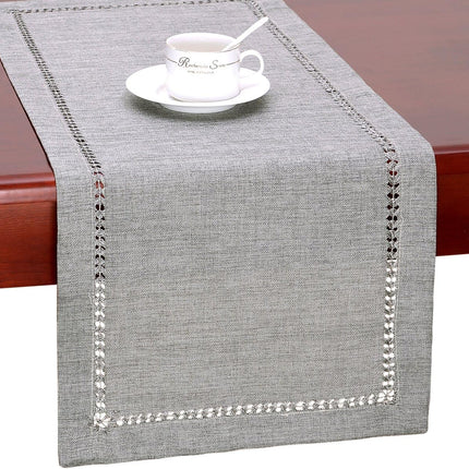 Handmade Hemstitch Gray Dining Table Runner Or Dresser Scarf, Rectangular 14 by 72 Inch.