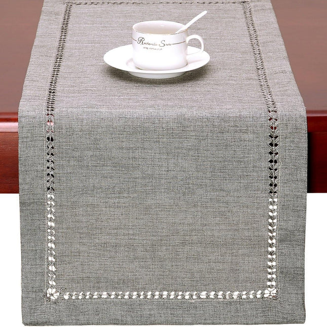 Handmade Hemstitch Gray Dining Table Runner Or Dresser Scarf, Rectangular 14 by 72 Inch.