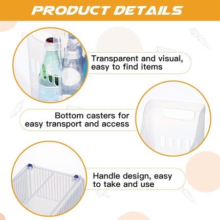4 Pcs Freezer Organizer Bins with Wheel Plastic Organizer Bins Tall Narrow Kitchen Organization Pantry Organizer Snack Storage Containers for Office Refrigerator(10 x 13.3 x 5.5 Inch).