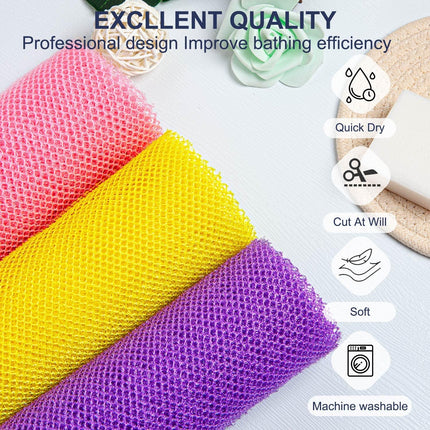 3 Pieces African Bath Sponge Exfoliating Scrubbing Long Net Rag Wash Shower Body Scrubber, Yellow Pink Purple.