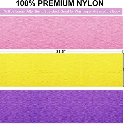 3 Pieces African Bath Sponge Exfoliating Scrubbing Long Net Rag Wash Shower Body Scrubber, Yellow Pink Purple.