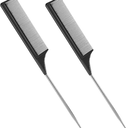 2 Pack Tail Comb, Carbon Fiber Stainless Steel Pintail and Heat Resistant Rat Teasing Comb for Daughter Women, Black.