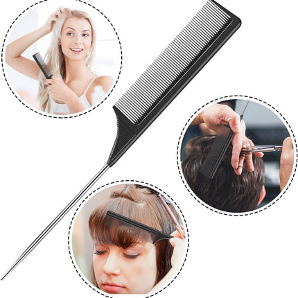 2 Pack Tail Comb, Carbon Fiber Stainless Steel Pintail and Heat Resistant Rat Teasing Comb for Daughter Women, Black.