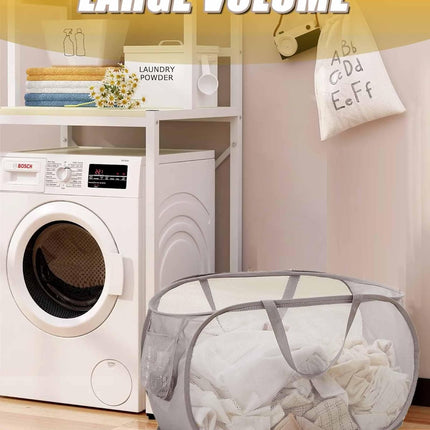 Mesh Collapsible Laundry Basket with Pockets and Reinforced Carry Handles, Foldable Dirty Clothes Pop up Laundry Hamper for Dorm Bathroom Bedroom Travel Dorm Camping (1, Grey).