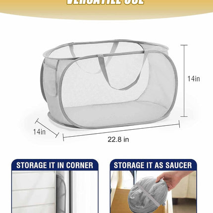 Mesh Collapsible Laundry Basket with Pockets and Reinforced Carry Handles, Foldable Dirty Clothes Pop up Laundry Hamper for Dorm Bathroom Bedroom Travel Dorm Camping (1, Grey).